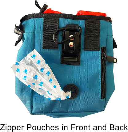 Dog Training Pouch with Training Clicker and Water Bowl - 5 Ways to Wear - Carry Toys, Treats for Positive Reinforcement - Built-In Poop Bag Dispenser (Teal)