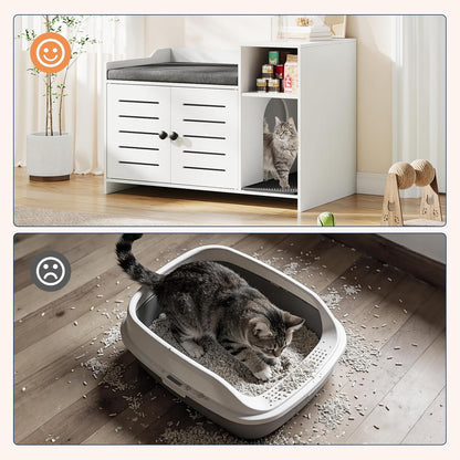Cat Litter Box Enclosures, Large Hidden Cat Litter Box Furniture with Double Door, Wooden End Table Litter Box Cabinet with Storage Shelf, Cushion & Litter Mat, Dog Proof Design, Modern Cat House