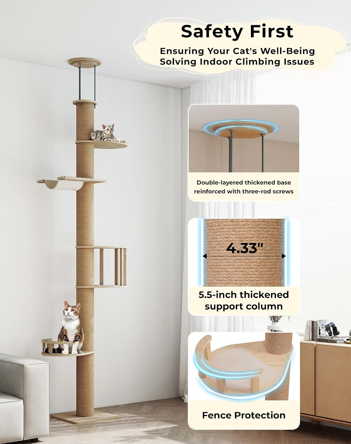 Floor-To-Ceiling Cat Tree, Tension Mount Tower W/Sisal Posts