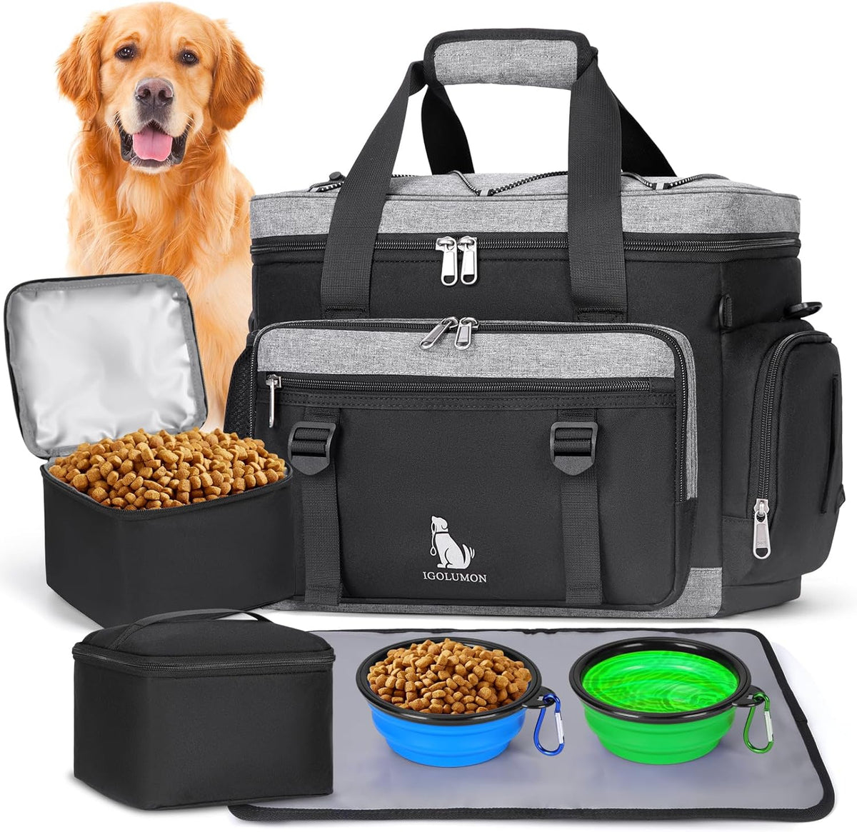 Dog Travel Bag Large Pet Travel Bags Set for Supplies Weekend Travel Kit Tote Organizer Multi-Pockets Food Travel Bag with 2 Extra Large Food Containers, 2 Dog Bowls, 1 Feeding Mat
