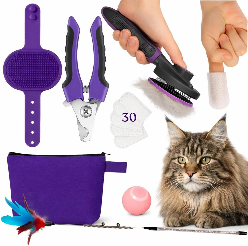 Cat Grooming Kit 6 in 1, Include: Nail Clipper, Brush for Shedding, Wand Toy, Interactive Ball Toy, Bath Brush, Ear Cleaner Finger Wipes (30Ct.), Cat Grooming Supplies, Kitten Supplies