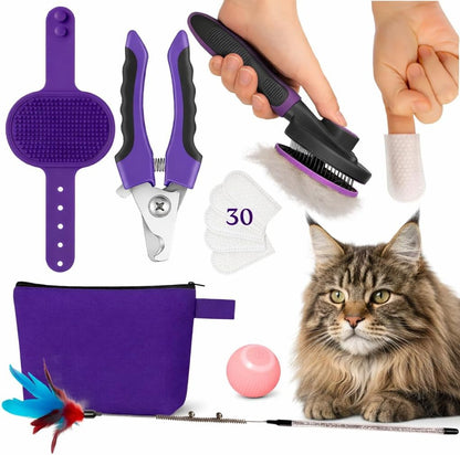 Cat Grooming Kit 6 in 1, Include: Nail Clipper, Brush for Shedding, Wand Toy, Interactive Ball Toy, Bath Brush, Ear Cleaner Finger Wipes (30Ct.), Cat Grooming Supplies, Kitten Supplies