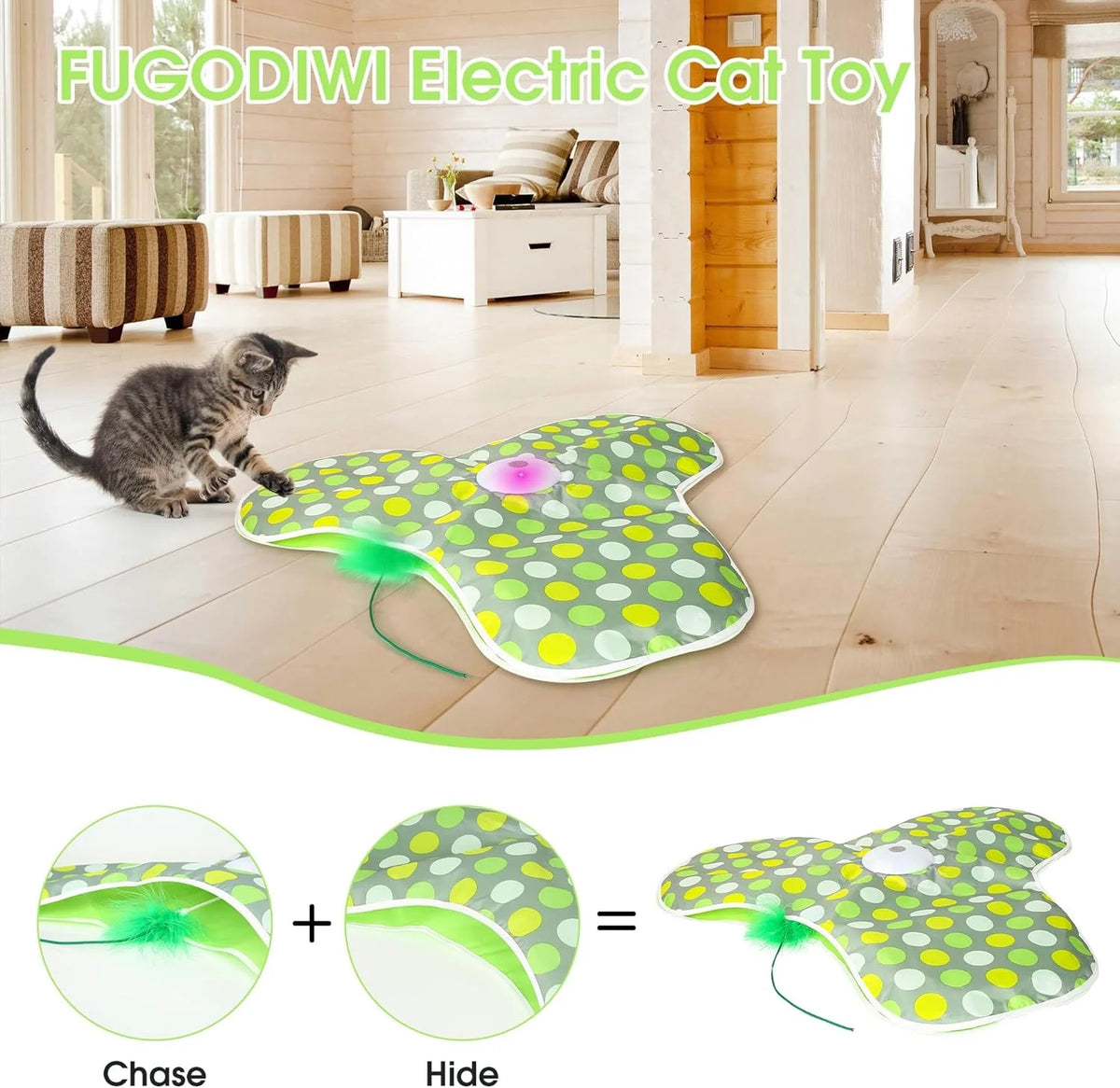 Interactive Cat Toy, Self-Employment, Electric Cat Toy, Intelligence Toy for Cats with Removable Feathers, Automatic Mouse Catching Game, Green
