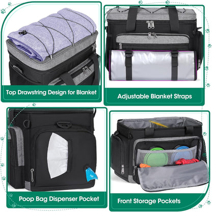 Dog Travel Bag Large Pet Travel Bags Set for Supplies Weekend Travel Kit Tote Organizer Multi-Pockets Food Travel Bag with 2 Extra Large Food Containers, 2 Dog Bowls, 1 Feeding Mat