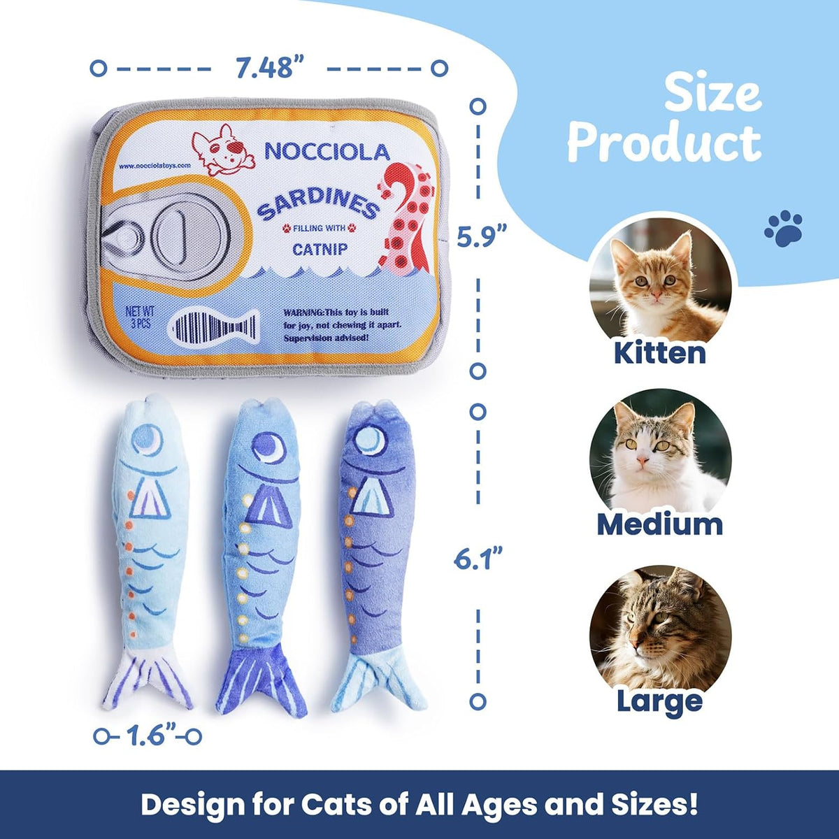 Sardines Catnip Toys for Indoor Cats - 3 Pack Cat Toys Fish with Pouch, Cat Nip Toys Cat Kicker Toy with Crinkle Paper, Interactive Cat Toy for Kitten Enrichment, Cat Gifts