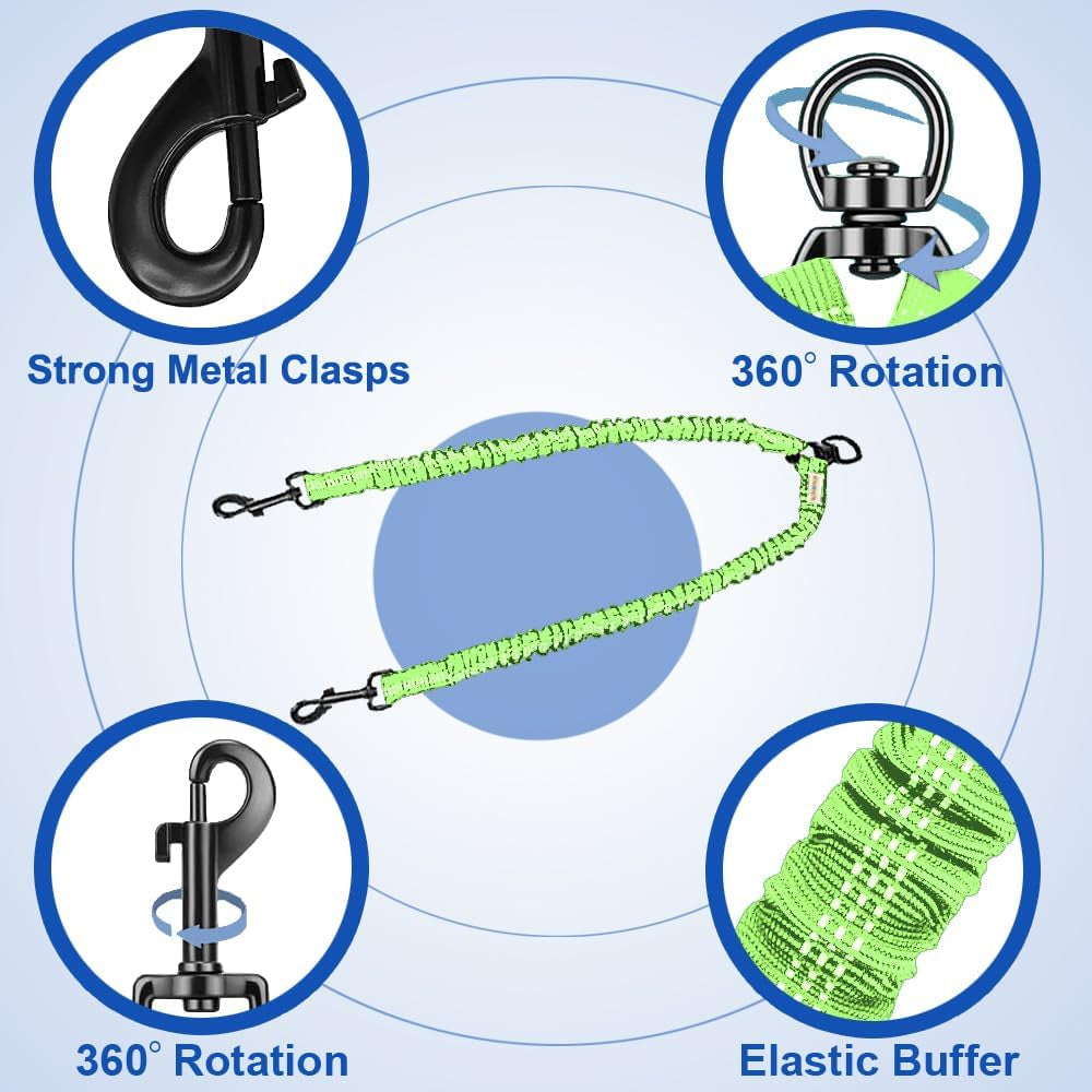 Double Dog Leash - 360 Swivel, Tangle-Free Bungee Walking & Training Leash for Large & Medium Dogs, Shock Absorbing, Reflective, 18-120 Lbs, Green