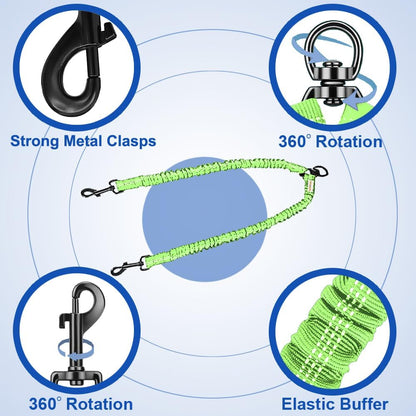Double Dog Leash - 360 Swivel, Tangle-Free Bungee Walking & Training Leash for Large & Medium Dogs, Shock Absorbing, Reflective, 18-120 Lbs, Green