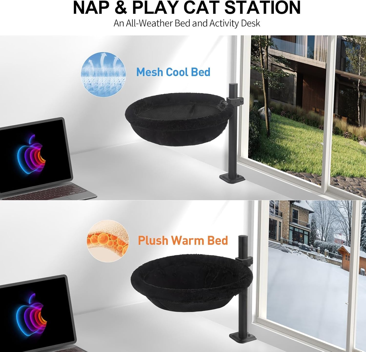 Cat Desk Bed, Reversible Cat Hammock for Desk Use, Clamp-On Metal, Black