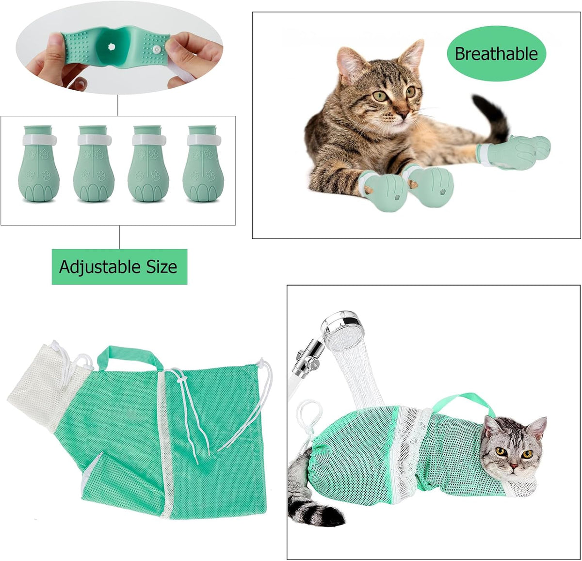 4 Pcs Anti-Scratch Silicone Cat Shoes and Cat Grooming Mesh Bag, Cat Claw Covers, Adjustable Multifunctional Anti-Bite Shower Net Bag for Nail Trimming Bathing Home Pet Hospital Barbering