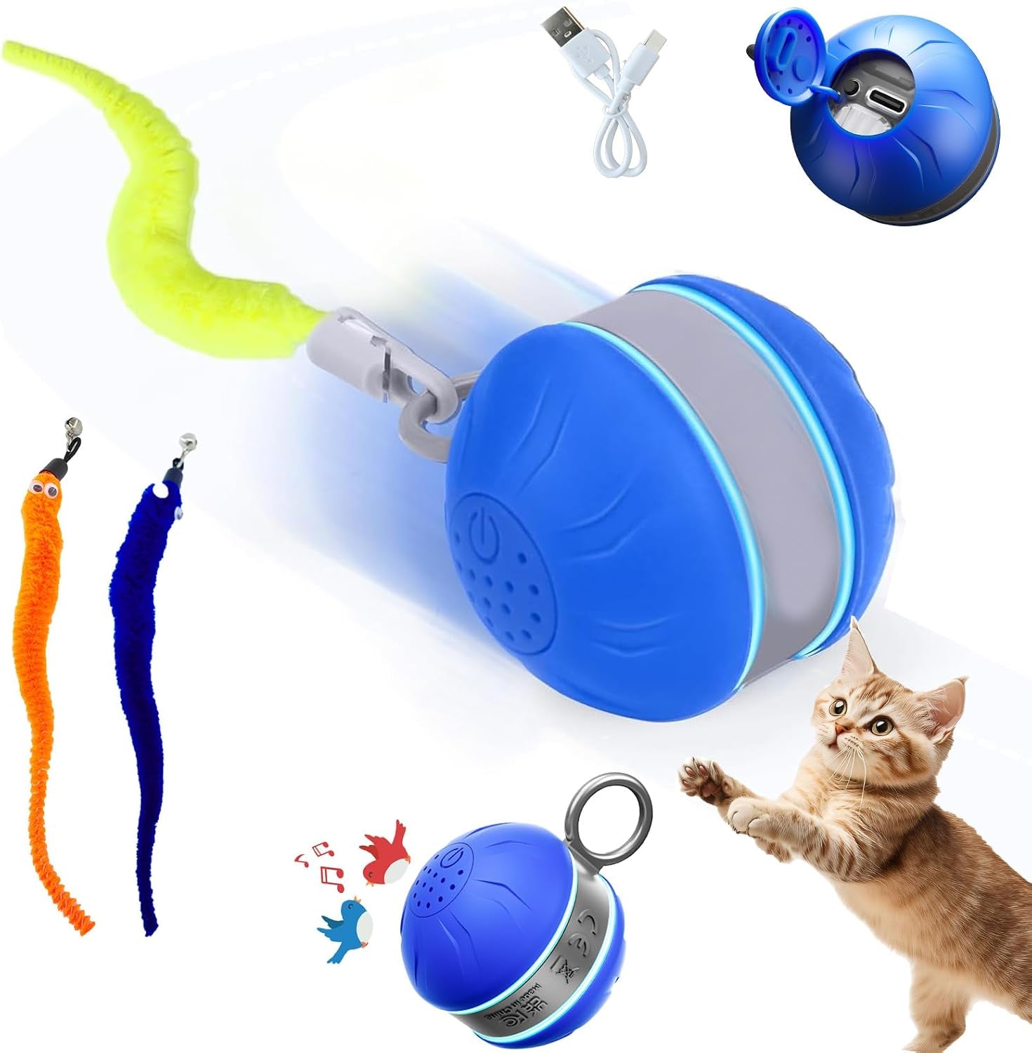 Speedy 2.0 Tail Interactive Cat Toys for Bored Indoor Adult Cats,Rechargeable Automatic Cat Toy Balls Self Moving Chirping,Electric Cat Ball Toy for Smart Kitten Enrichment Exercise Essentials(Blue)