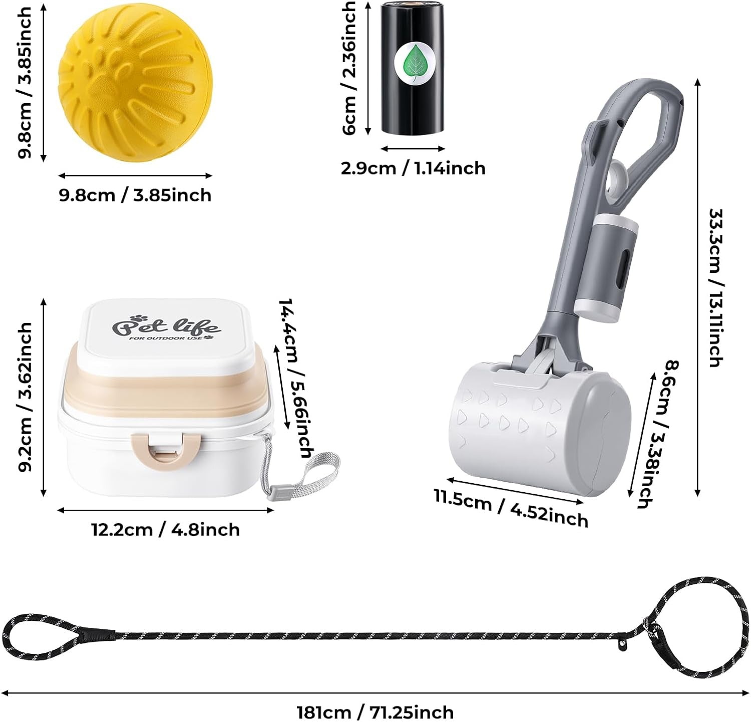 Dog Walking Kit - Pet Pooper Scooper, Biodegradable Waste Bags, Collapsible Travel Bowl, Heavy Duty Dog Leash, Interactive Rubber Ball - Complete Outdoor Pet Supplies for Puppy & Large Dogs