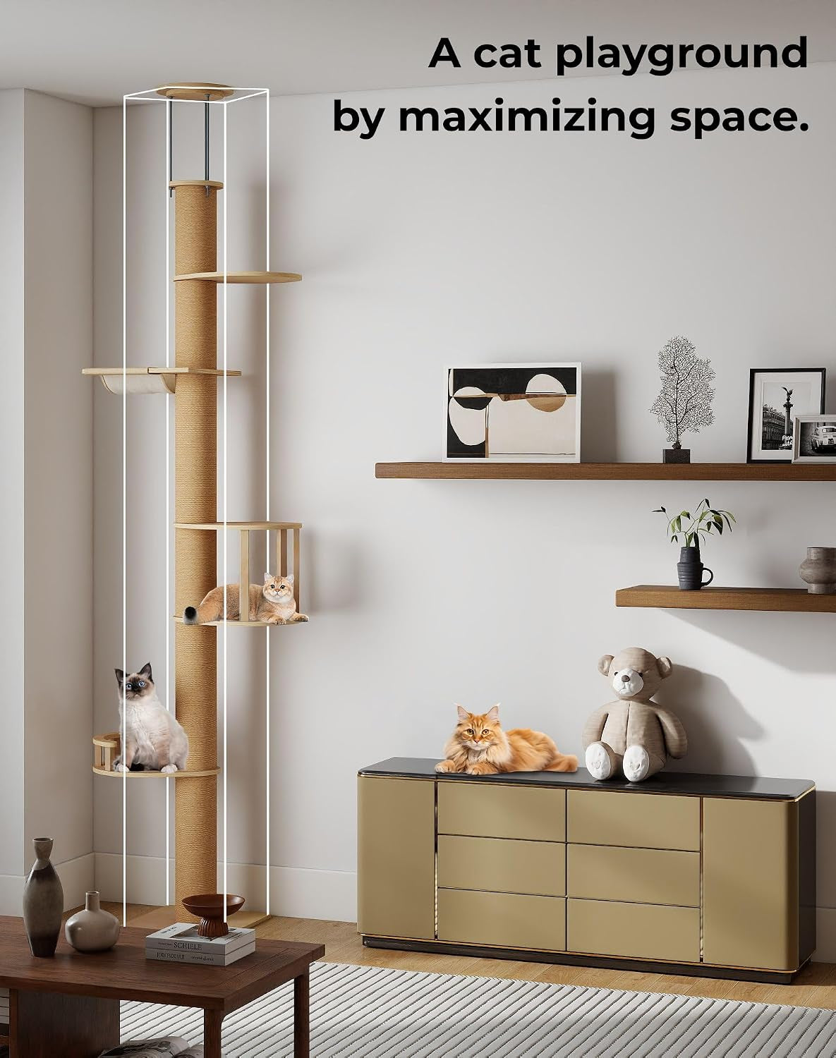 Floor-To-Ceiling Cat Tree, Tension Mount Tower W/Sisal Posts