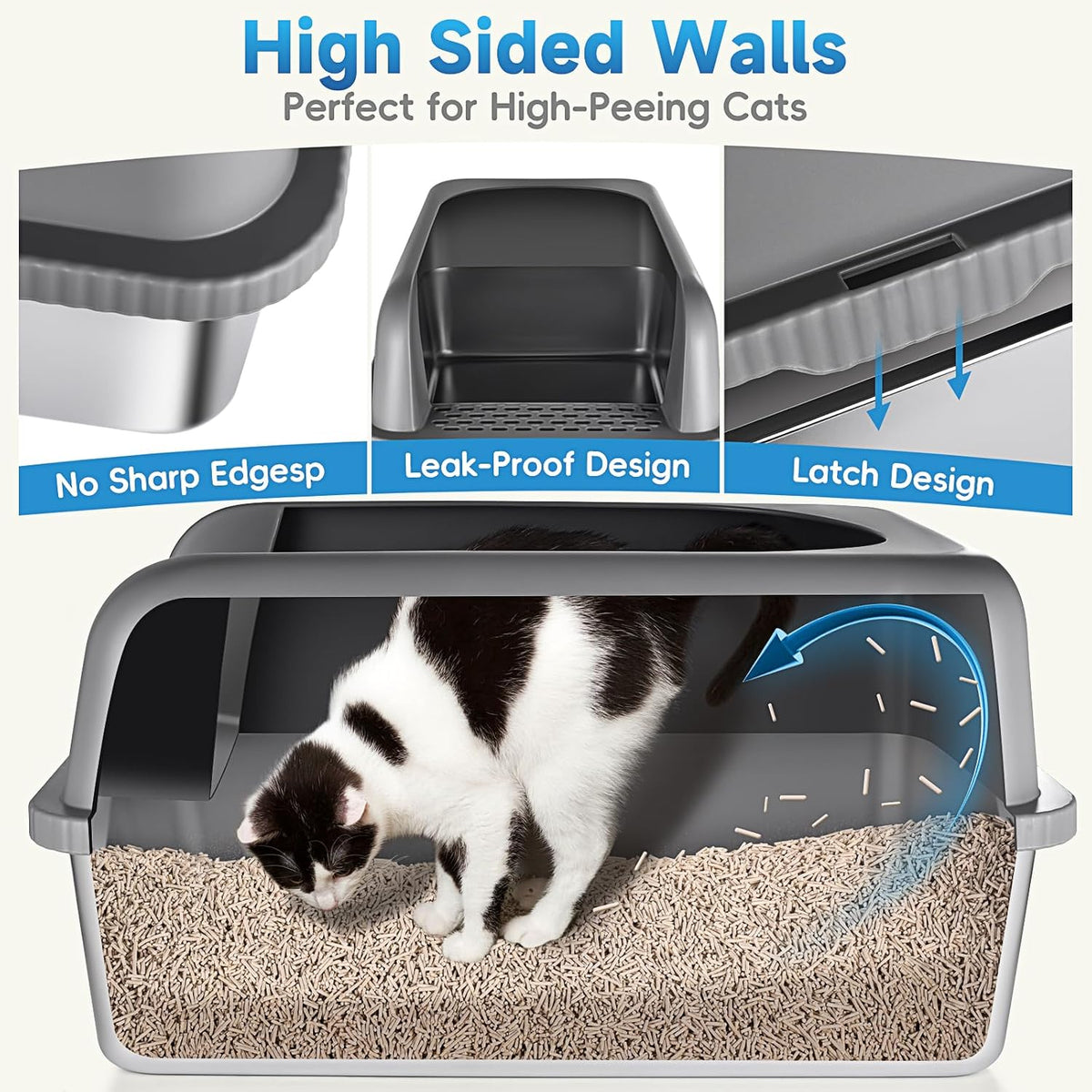 2 Pack Stainless Steel Cat Litter Box with Lid, XL Extra Large Metal Box for Big Cats, 24" L X 16" W X 12" H, Enclosed Litter Box High Sided, Non-Sticky, Include Litter Scoop