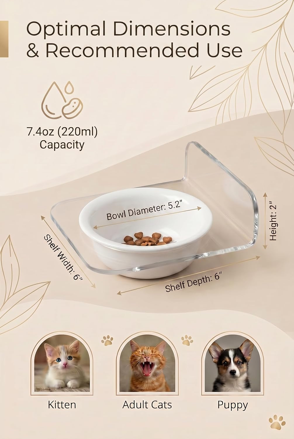 Cat Bowls Elevated, Wall Mounted Floating Ceramic Cat Bowl 7.4 Oz, Raised Cat Bowl for Indoor Cats, Elevated Food and Water Dish for Cats and Small Dogs, Easy to Clean (White)