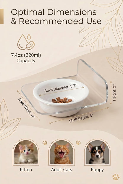 Cat Bowls Elevated, Wall Mounted Floating Ceramic Cat Bowl 7.4 Oz, Raised Cat Bowl for Indoor Cats, Elevated Food and Water Dish for Cats and Small Dogs, Easy to Clean (White)
