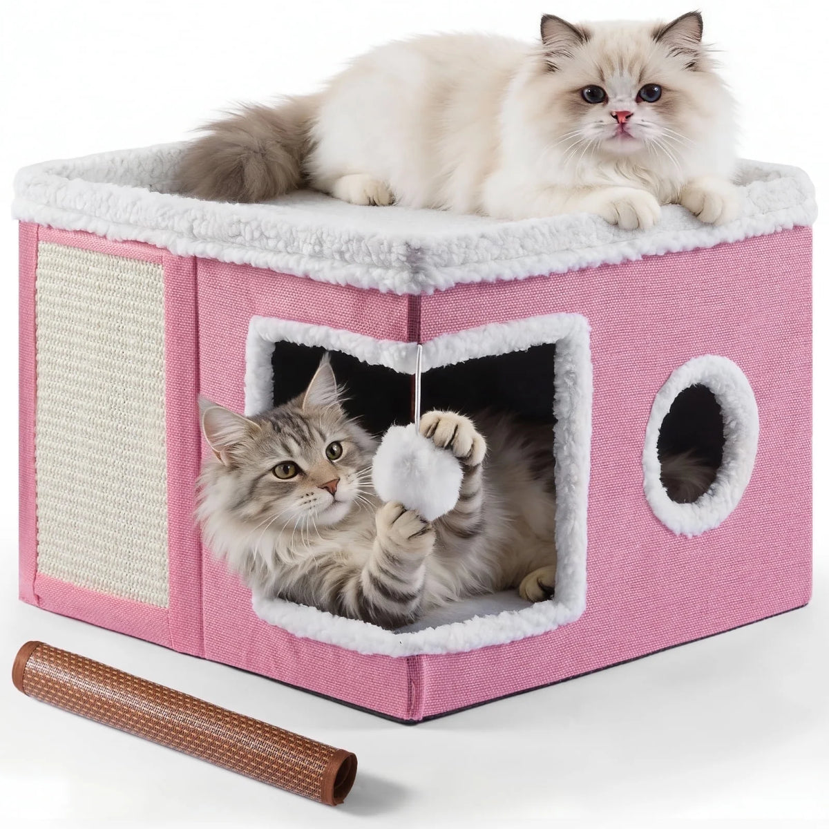 Cat Bed,  Cat House for Indoor Cats with 2 Cushion, Large Cat Cave with Scratch Pad and Fluffy Ball Hanging, Pink