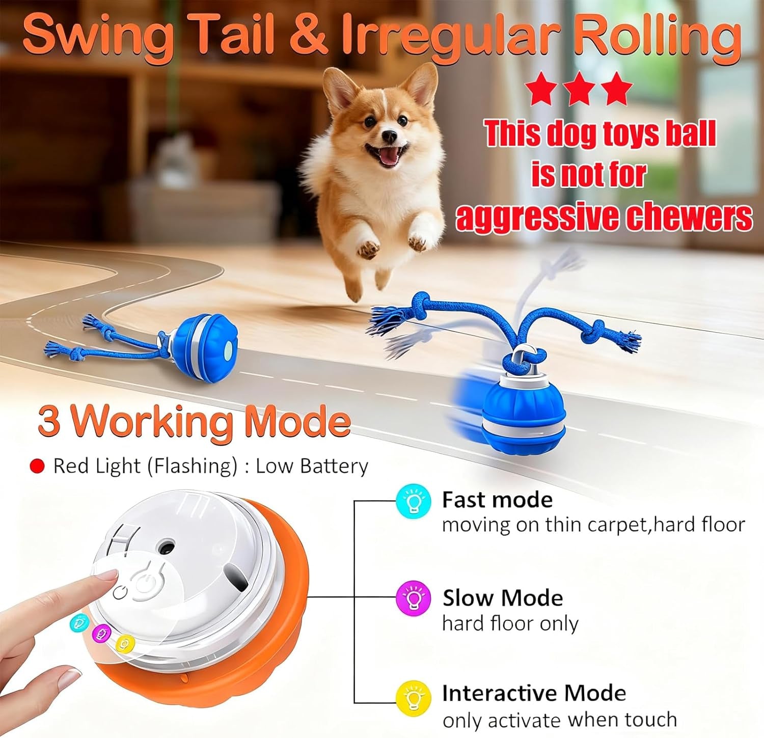 P06 Interactive Dog Toys Dog Balls, Electric Automatic Moving and Rolling Dog Toy with Rope for Small Medium Dogs, Fun Smart Puppy Toy S for Boredom & Training, Dog Toys to Keep Them Busy (Orange)