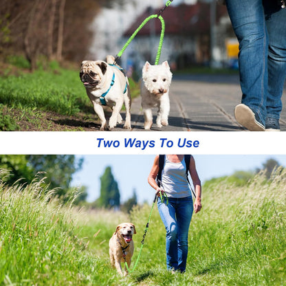 Double Dog Leash - 360 Swivel, Tangle-Free Bungee Walking & Training Leash for Large & Medium Dogs, Shock Absorbing, Reflective, 18-120 Lbs, Green