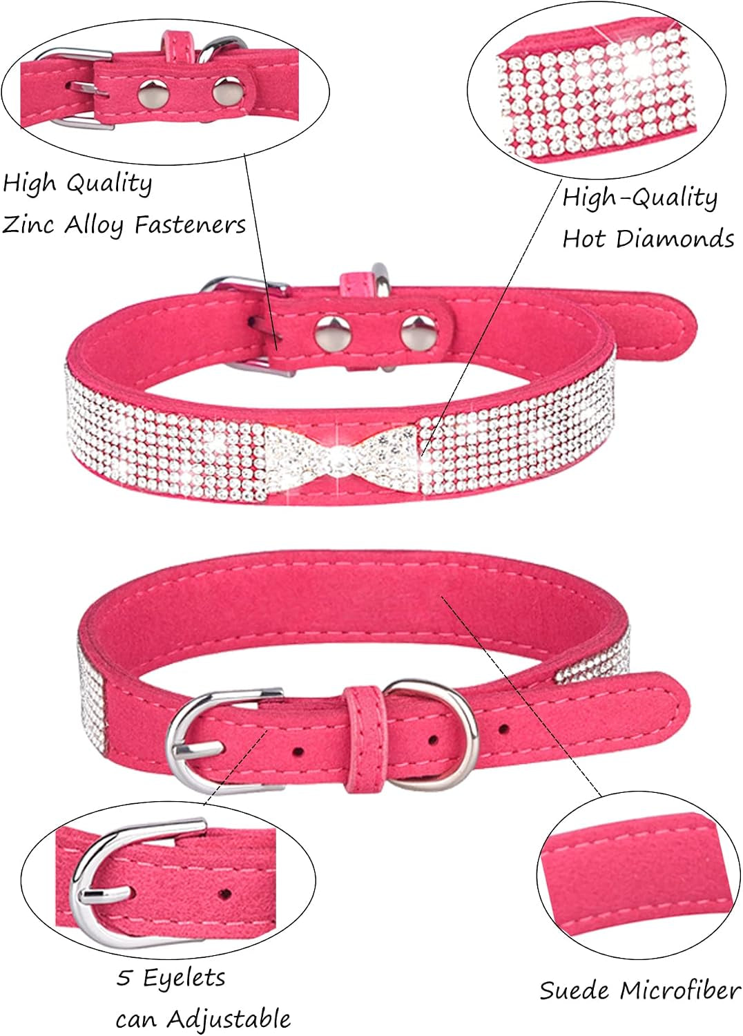 Dog Collar for Small Dogs, Adjustable Leather Suede Bling Dog Collars，Pink Dog Collar Cat Collar, Rhinestone Dog Collar (L, Rose Red4)