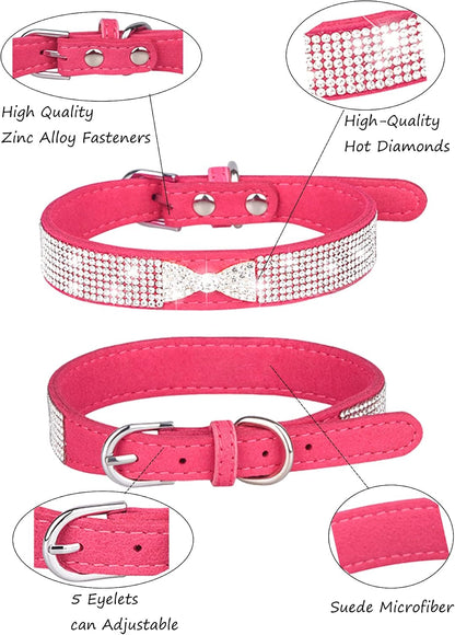 Dog Collar for Small Dogs, Adjustable Leather Suede Bling Dog Collars，Pink Dog Collar Cat Collar, Rhinestone Dog Collar (L, Rose Red4)