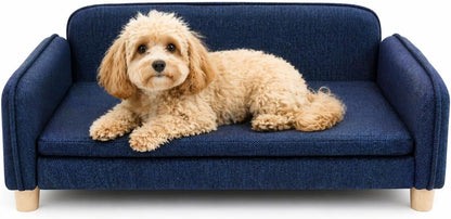 Dog Couch Bed for Small to Medium Dogs, Orthopedic Bolster Dog Sofa Bed with Removable Washable Cover, Elevated Pet Couch with Armrests, Navy Blue
