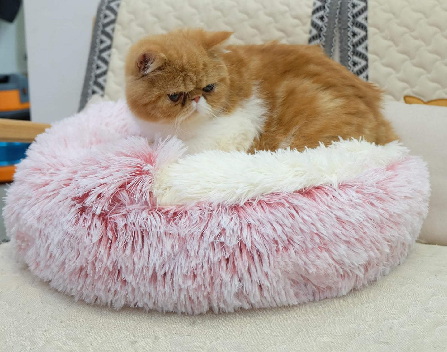 Calming round Dog Bed & Cat Cave with Hooded Cover, Plush Fluffy Anti-Anxiety Cat Bed, Waterproof Bottom Washable (Pink, 20X20Inch)