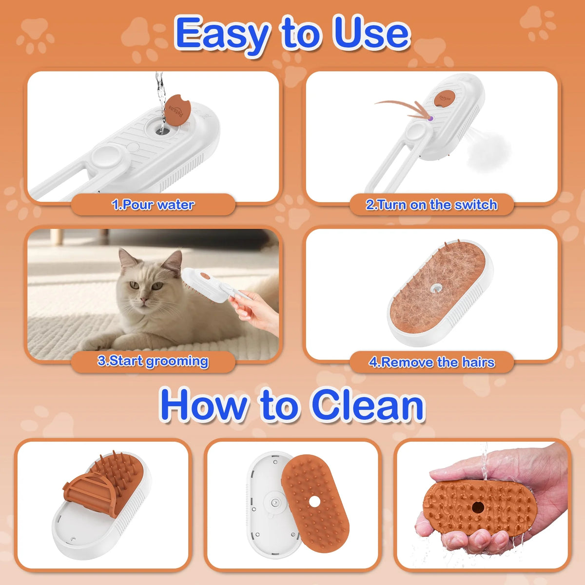 Cat Steam Brush for Shedding Spray Comb Brushes for Indoor Cat Pet Grooming Supplies for All Long-Haired and Short-Haired Pets Spritz Defur Comb for Cat Misting Cat Brush，White