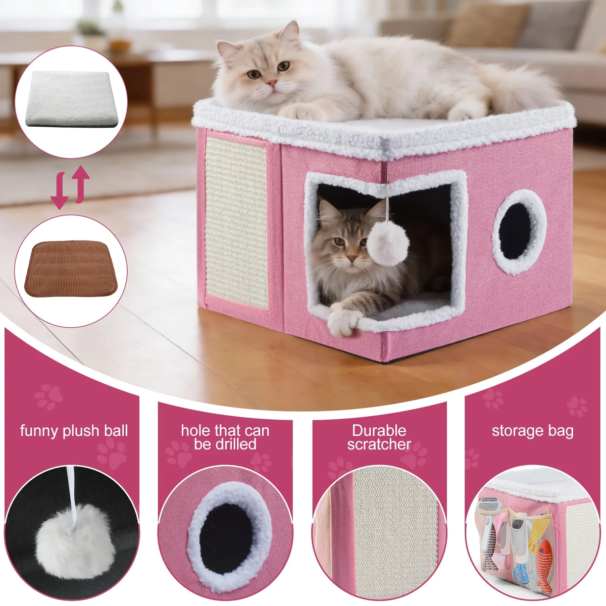 Cat Bed,  Cat House for Indoor Cats with 2 Cushion, Large Cat Cave with Scratch Pad and Fluffy Ball Hanging, Pink