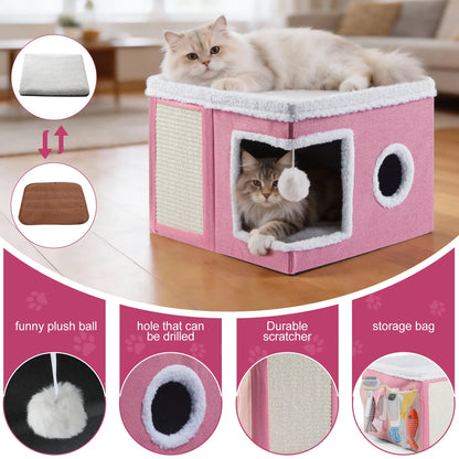 Cat Bed,  Cat House for Indoor Cats with 2 Cushion, Large Cat Cave with Scratch Pad and Fluffy Ball Hanging, Pink