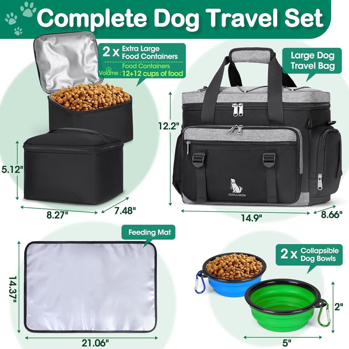 Dog Travel Bag Large Pet Travel Bags Set for Supplies Weekend Travel Kit Tote Organizer Multi-Pockets Food Travel Bag with 2 Extra Large Food Containers, 2 Dog Bowls, 1 Feeding Mat