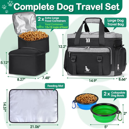 Dog Travel Bag Large Pet Travel Bags Set for Supplies Weekend Travel Kit Tote Organizer Multi-Pockets Food Travel Bag with 2 Extra Large Food Containers, 2 Dog Bowls, 1 Feeding Mat