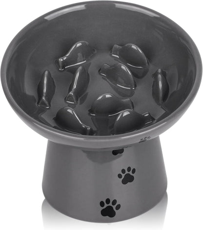 Slow Feeder Cat Bowl, Ceramic Cat Slow Feeder Bowl, 6 Inches, Elevated, anti Vomiting for Dry and Wet Food, Gray