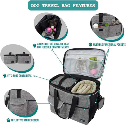 Dog Travel Bag Organizer, Pet Supplies Tote Diaper Bag, Gray Large