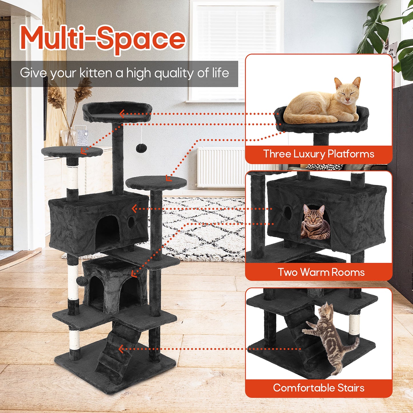 Tabby Indoor Upholstered Faux-Fur Wood Dark Gray Cat Condo Tree Tower for Pet Room
