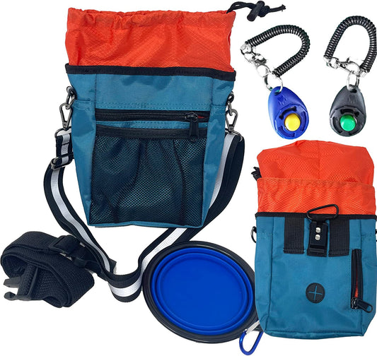 Dog Training Pouch with Training Clicker and Water Bowl - 5 Ways to Wear - Carry Toys, Treats for Positive Reinforcement - Built-In Poop Bag Dispenser (Teal)