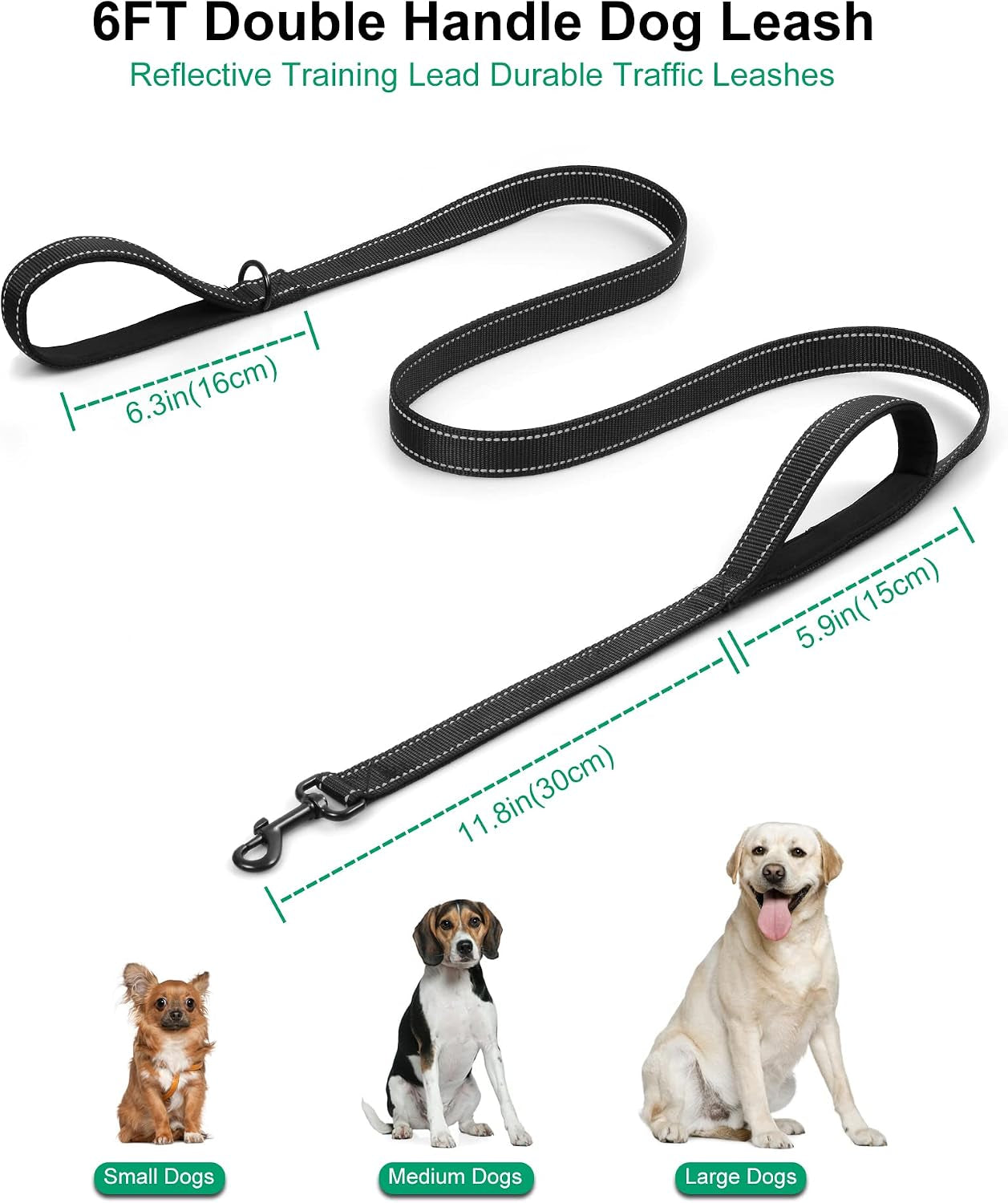 Heavy Duty Double Handle Leash - Reflective Training Lead for Large Breed Dogs (6Ft-Black)