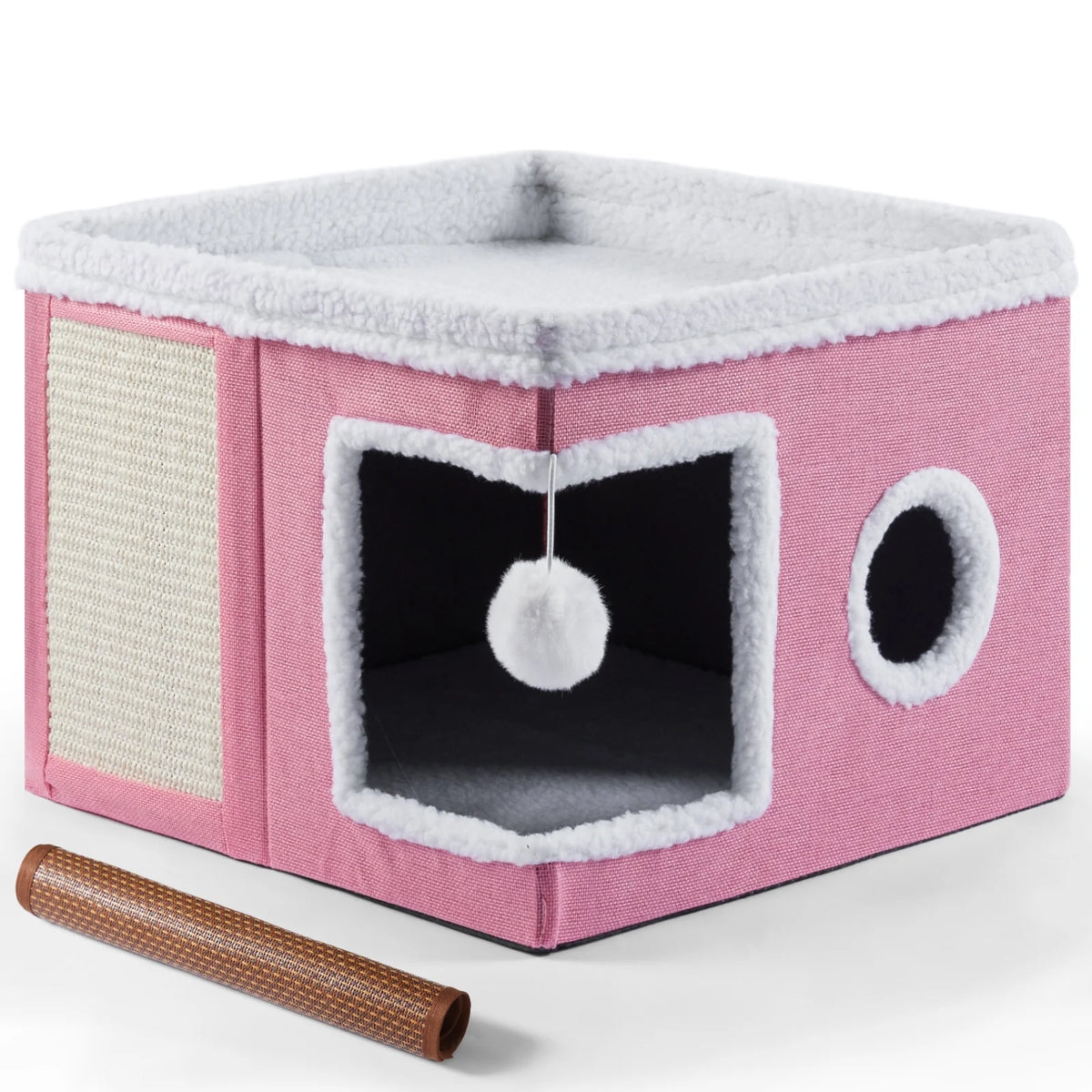 Cat Bed,  Cat House for Indoor Cats with 2 Cushion, Large Cat Cave with Scratch Pad and Fluffy Ball Hanging, Pink