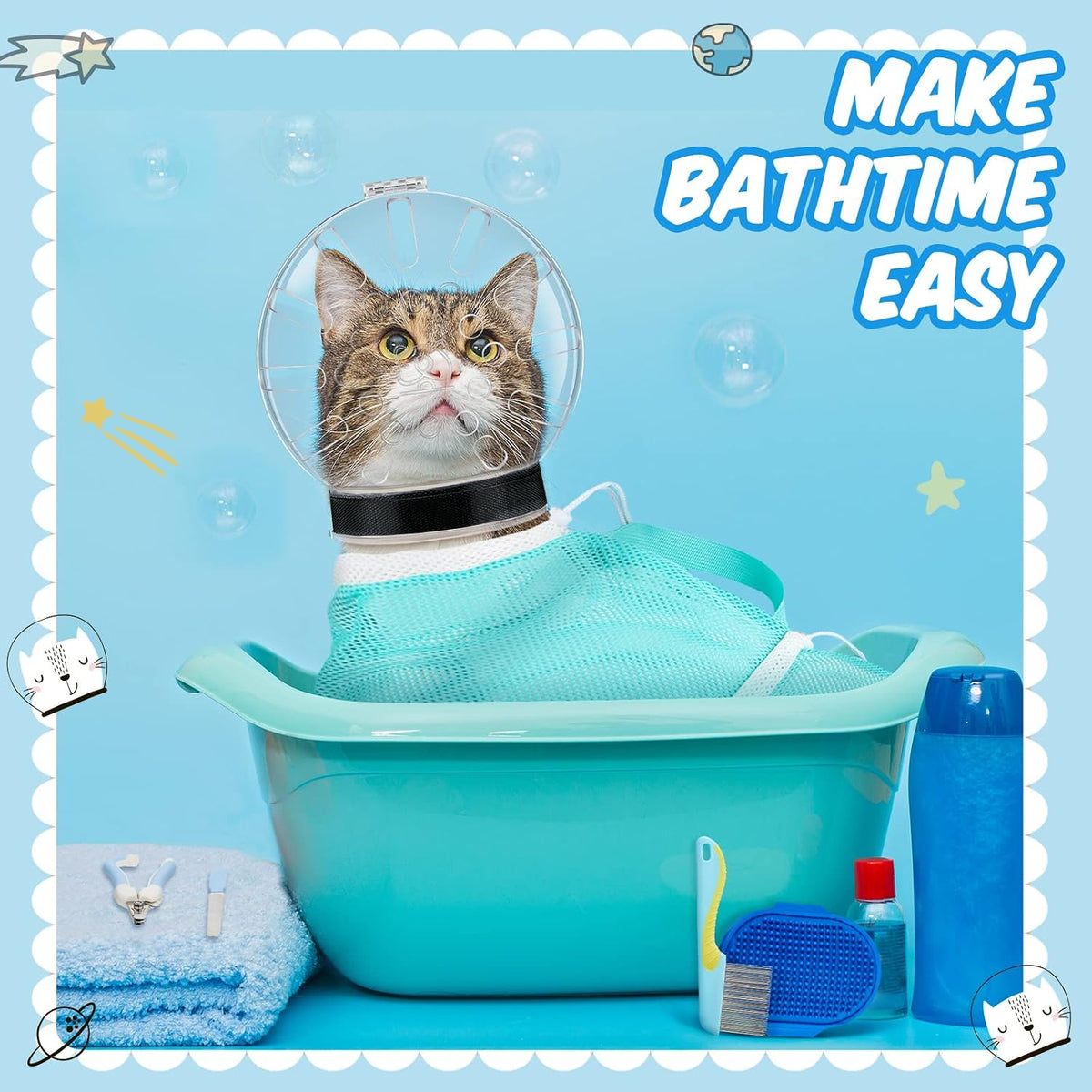 8 Pcs Cat Muzzle Set with Adjustable Cat Bathing Bag, Breathable Muzzle Pet for Shower Grooming Brush Tick Remover Tool Nail Clipper Nail File for Dog, Bunny Cleaning Trimming(L Size,Blue)