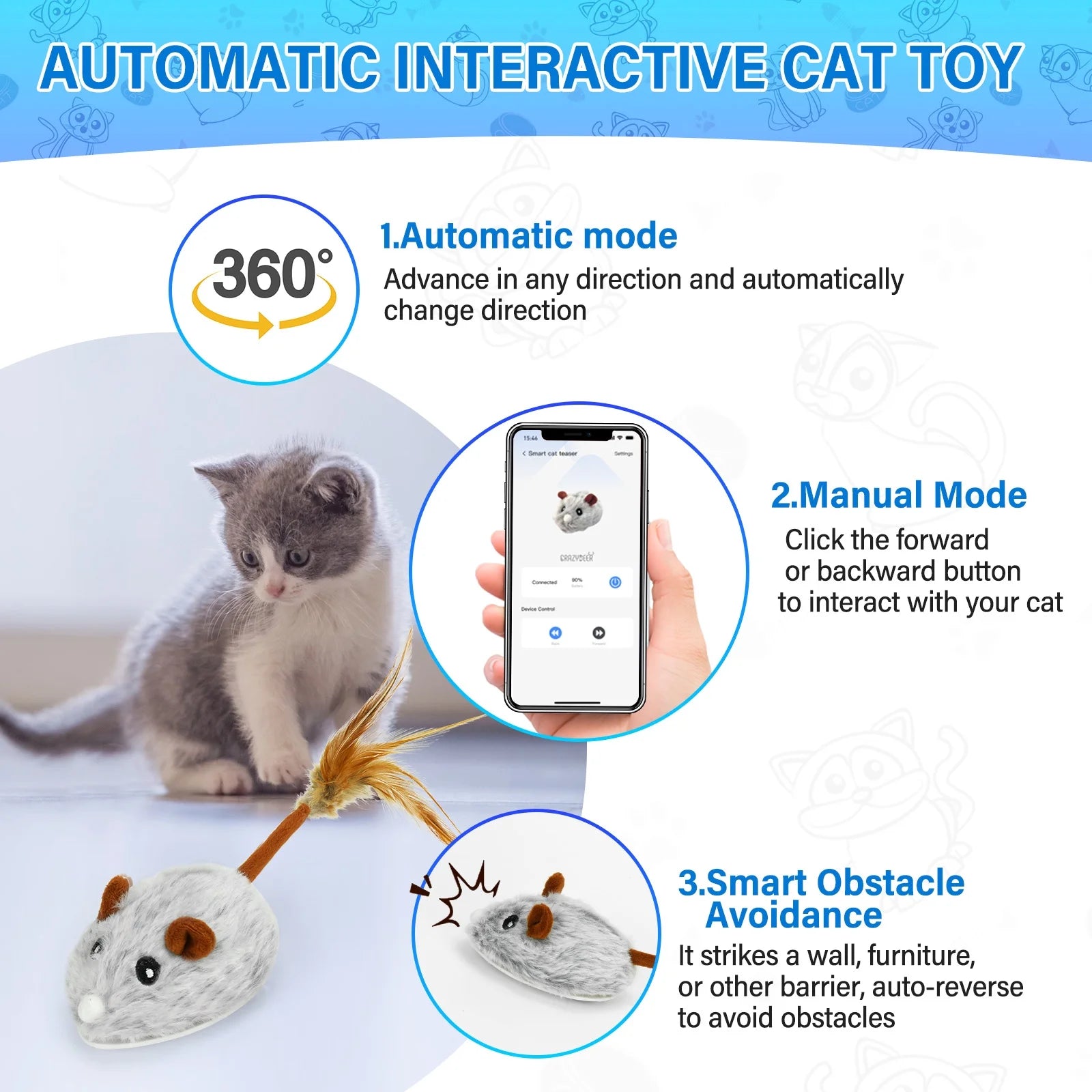 Remote Control Mouse Cat Toy Bluetooth App Control Rechargeable Mouse Toys for Cats Purple