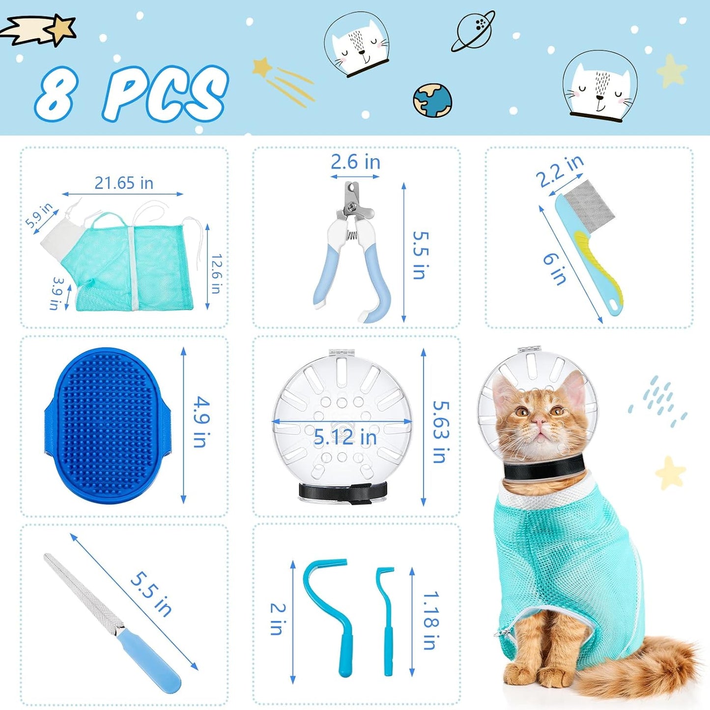 8 Pcs Cat Muzzle Set with Adjustable Cat Bathing Bag, Breathable Muzzle Pet for Shower Grooming Brush Tick Remover Tool Nail Clipper Nail File for Dog, Bunny Cleaning Trimming(L Size,Blue)