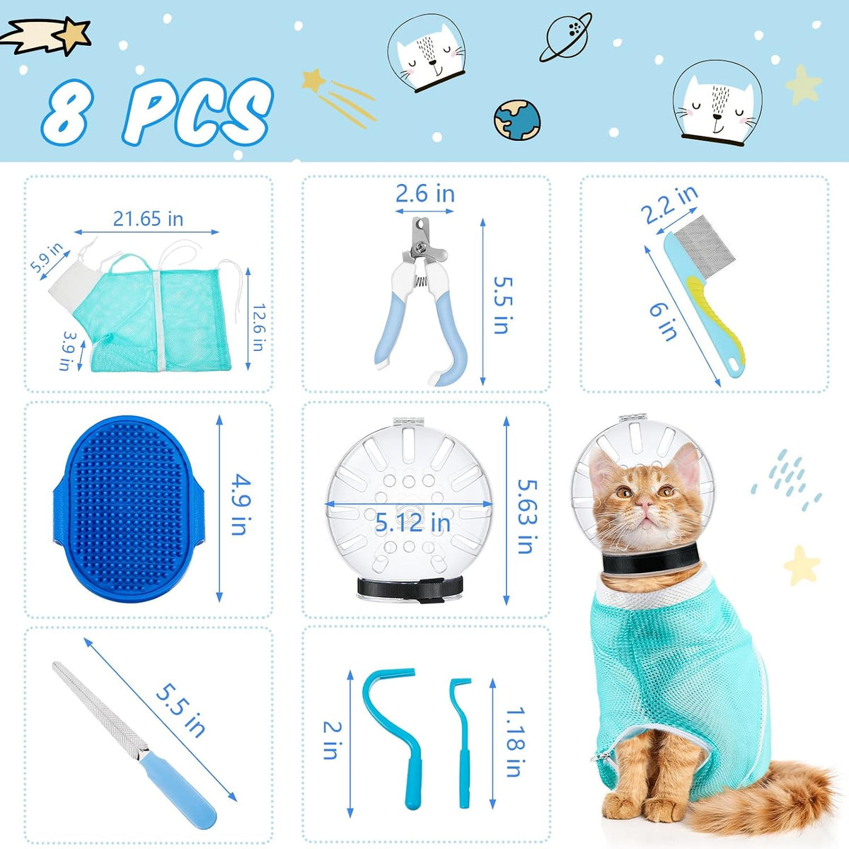 8 Pcs Cat Muzzle Set with Adjustable Cat Bathing Bag, Breathable Muzzle Pet for Shower Grooming Brush Tick Remover Tool Nail Clipper Nail File for Dog, Bunny Cleaning Trimming(L Size,Blue)
