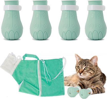 4 Pcs Anti-Scratch Silicone Cat Shoes and Cat Grooming Mesh Bag, Cat Claw Covers, Adjustable Multifunctional Anti-Bite Shower Net Bag for Nail Trimming Bathing Home Pet Hospital Barbering