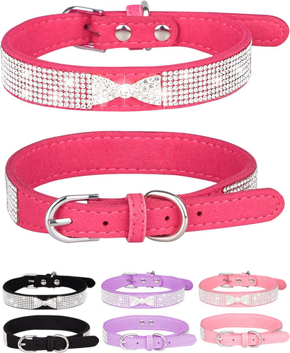 Dog Collar for Small Dogs, Adjustable Leather Suede Bling Dog Collars，Pink Dog Collar Cat Collar, Rhinestone Dog Collar (L, Rose Red4)