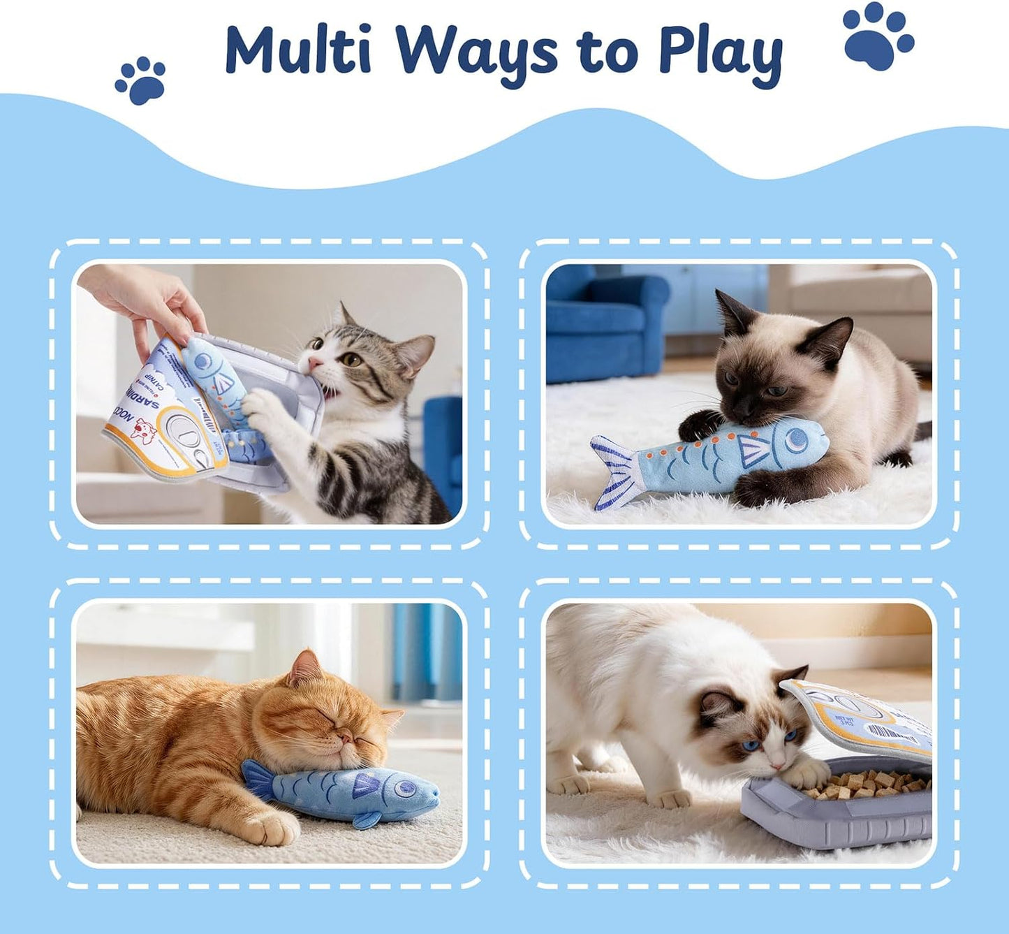 Sardines Catnip Toys for Indoor Cats - 3 Pack Cat Toys Fish with Pouch, Cat Nip Toys Cat Kicker Toy with Crinkle Paper, Interactive Cat Toy for Kitten Enrichment, Cat Gifts