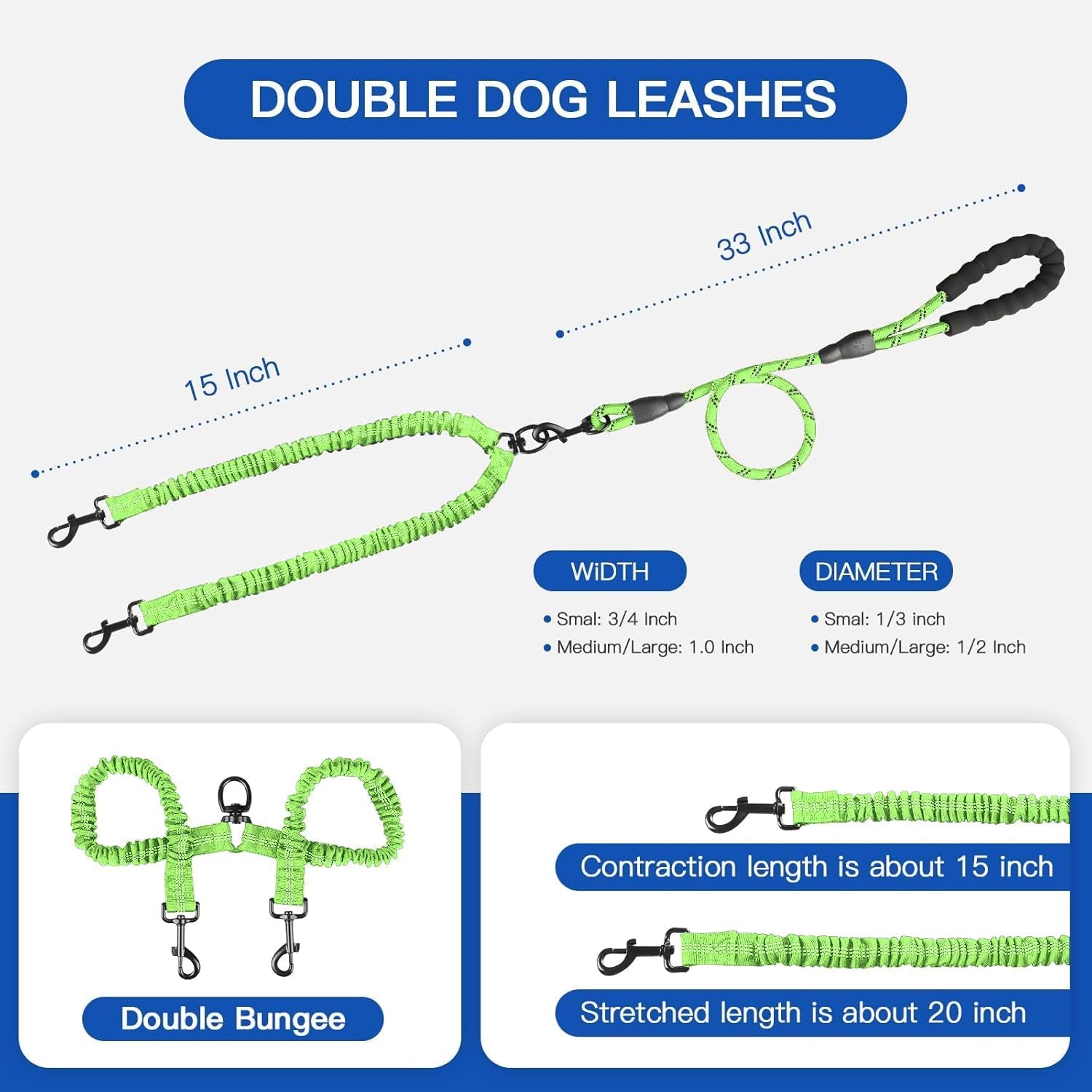 Double Dog Leash - 360 Swivel, Tangle-Free Bungee Walking & Training Leash for Large & Medium Dogs, Shock Absorbing, Reflective, 18-120 Lbs, Green
