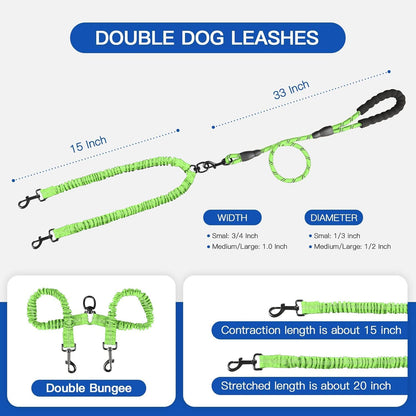 Double Dog Leash - 360 Swivel, Tangle-Free Bungee Walking & Training Leash for Large & Medium Dogs, Shock Absorbing, Reflective, 18-120 Lbs, Green