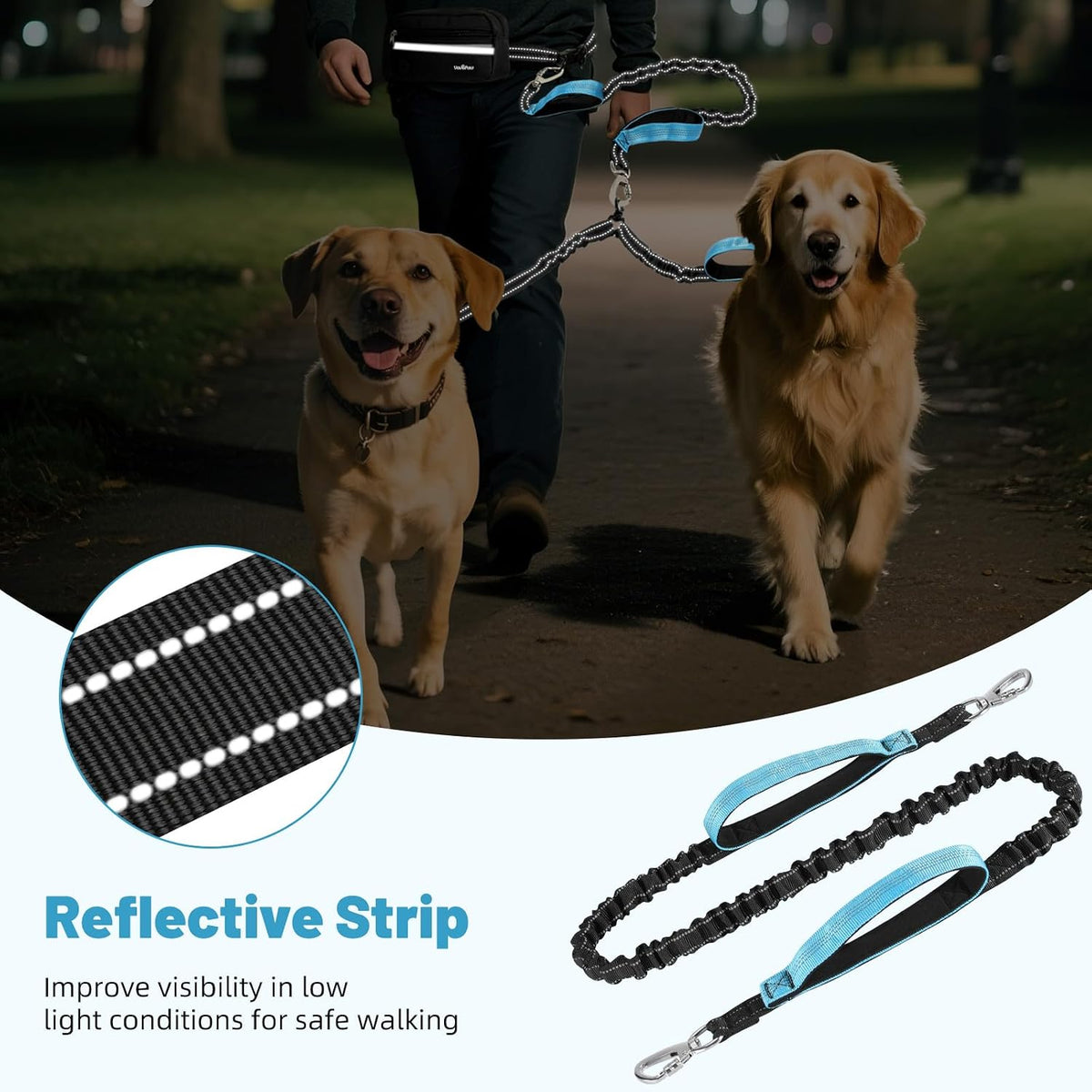 Hands Free Dog Leash for 2 Dogs with Pouch, Dog Walking, 25-120 Lbs