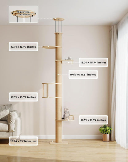 Floor-To-Ceiling Cat Tree, Tension Mount Tower W/Sisal Posts