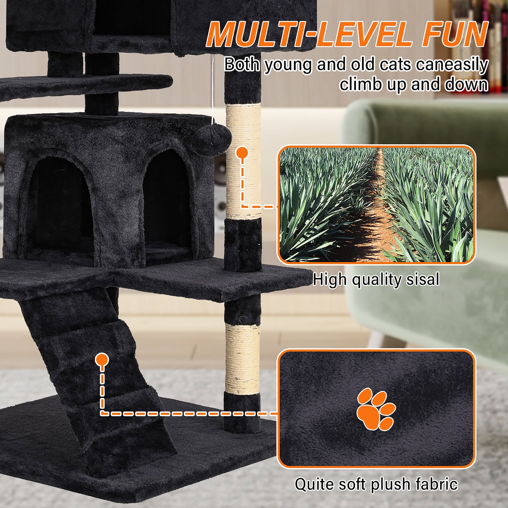 Tabby Indoor Upholstered Faux-Fur Wood Dark Gray Cat Condo Tree Tower for Pet Room