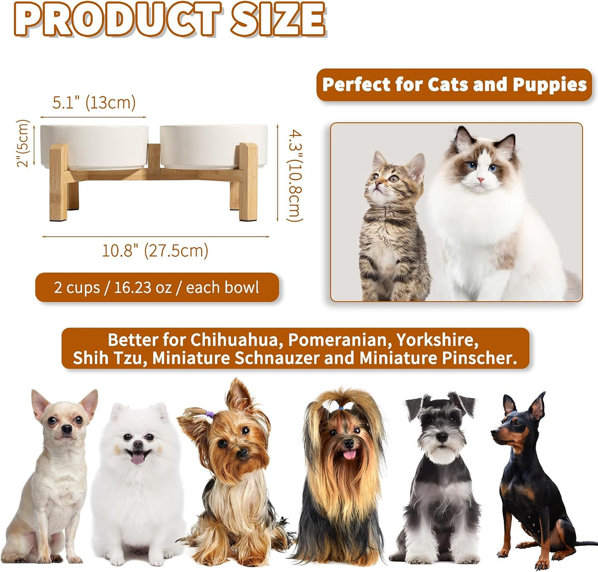 Elevated Ceramic Dog Bowl, 2 Cups Dog Food and Water Bowl Set with Stand